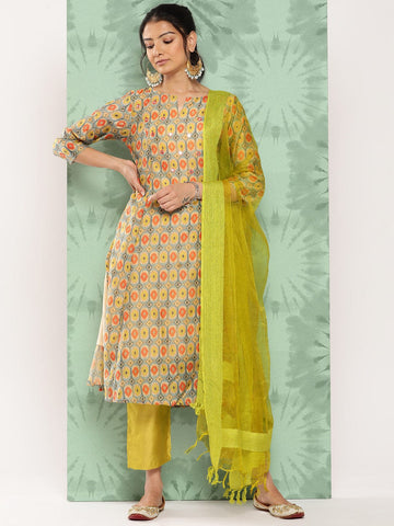 Varanga Women Ethnic Motifs Printed Panelled Kurta with Trousers & With Dupatta